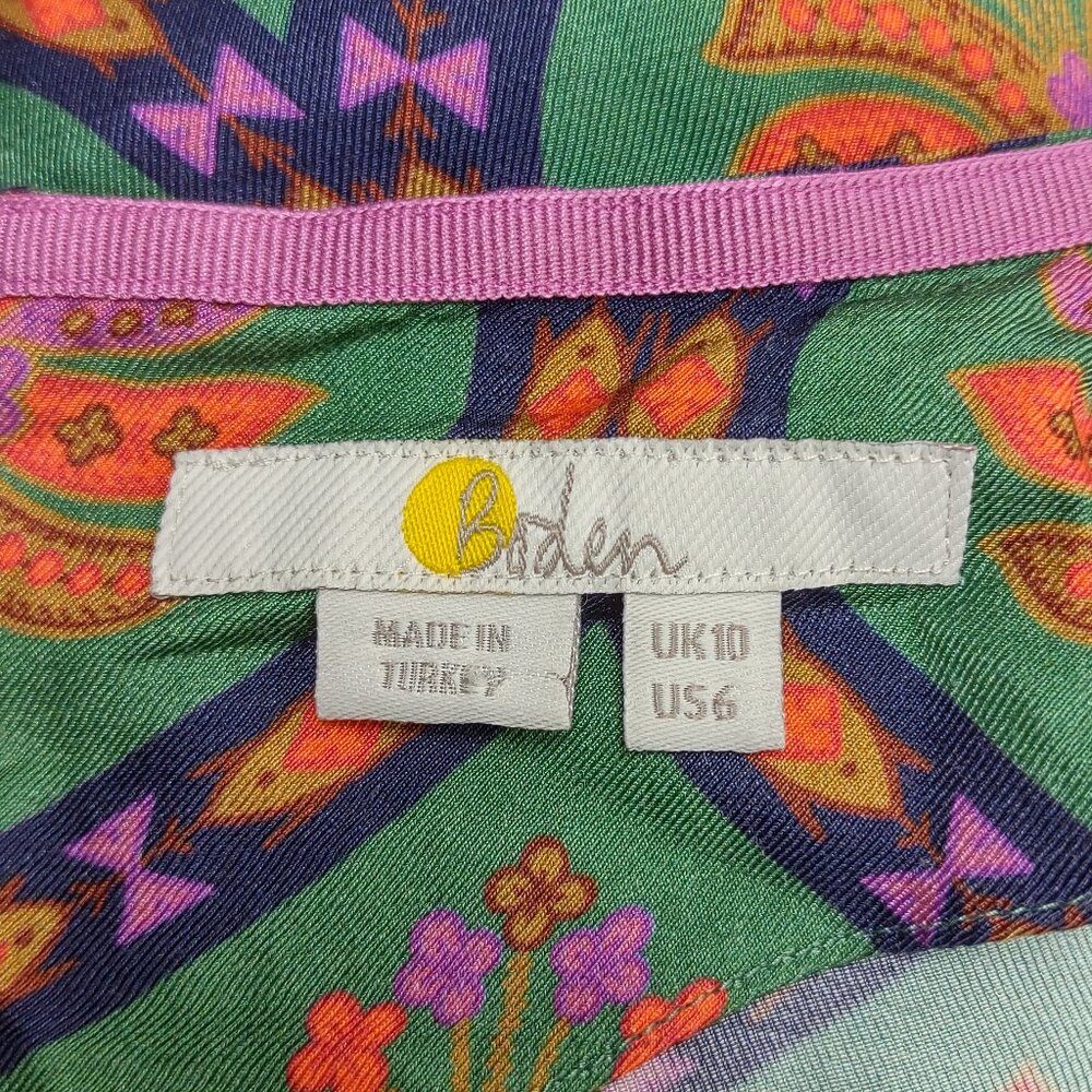 Boden green multicolor print round neck 3/4 sleeve top blouse ladies size 6 - Picture 8 of 9